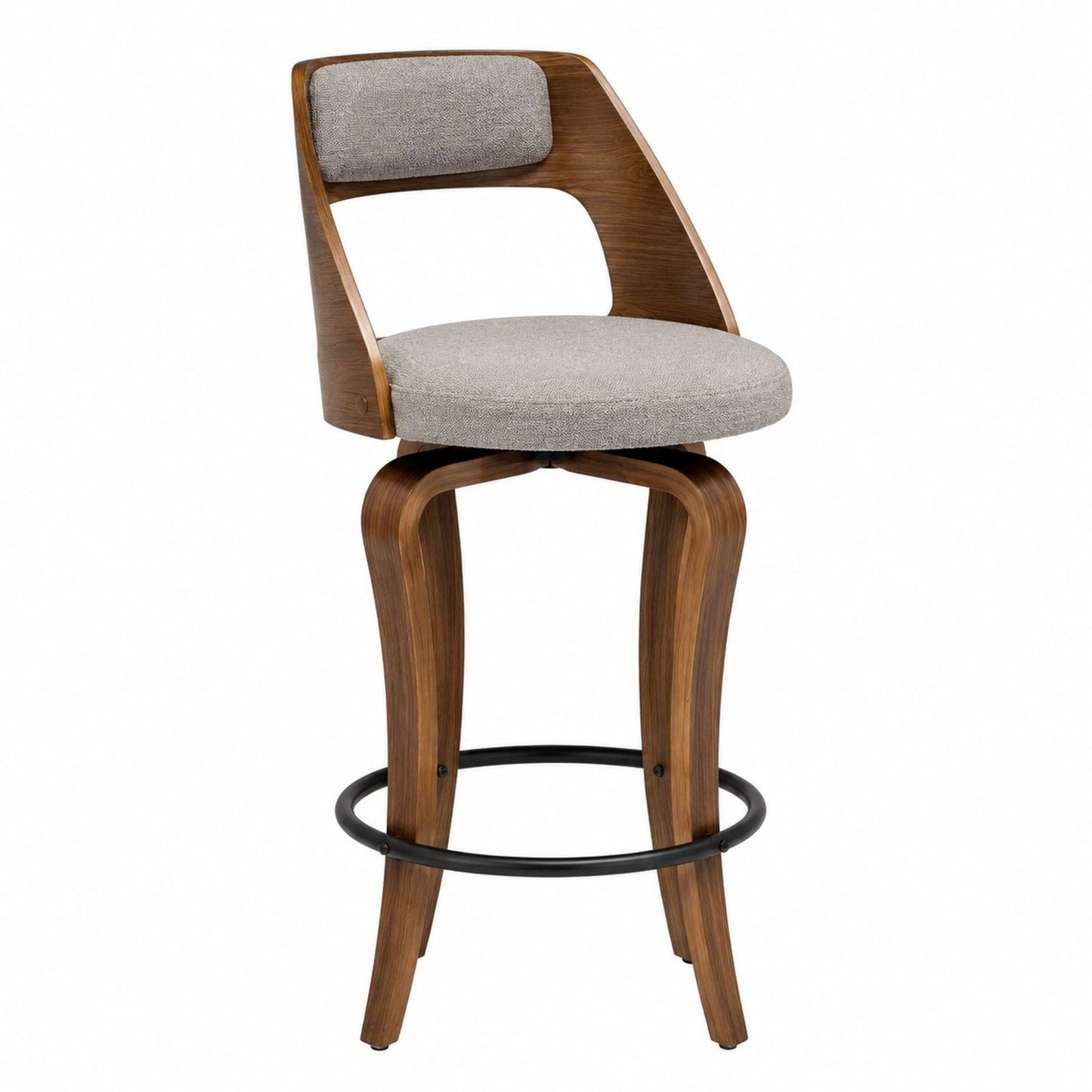 Swivel Bar Stool Solid Wood Frame Grey Polyester Fabric