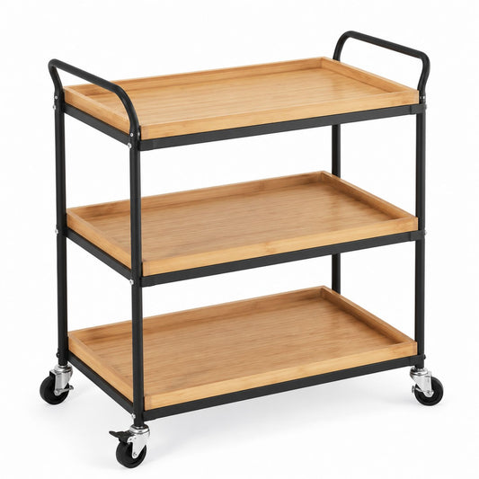 Three-Tier Bamboo Metal Rolling Cart