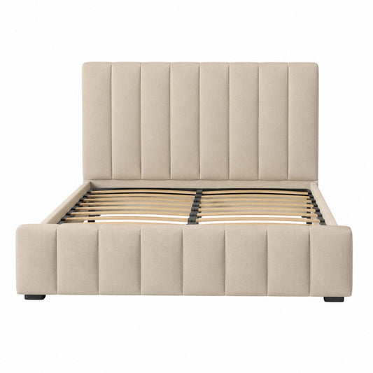 Polyester Upholstered Platform Bed Frame with Vertical Channel Tufting, Beige, King Size
