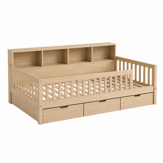 Wooden Daybed with Storage Drawers and Bookcase Headboard