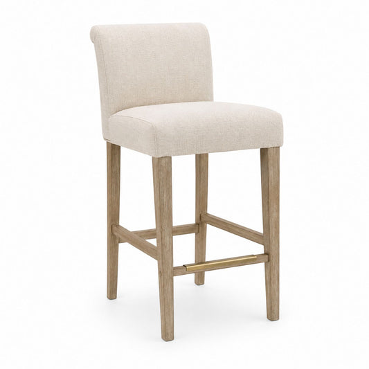 Fabric Upholstered Bar Stool with Wooden Legs and Brass Footrest