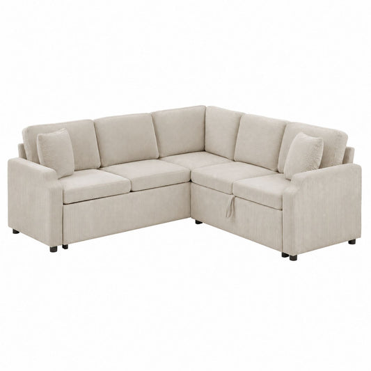 Beige L-Shaped Sectional Sofa Corduroy Fabric Upholstery