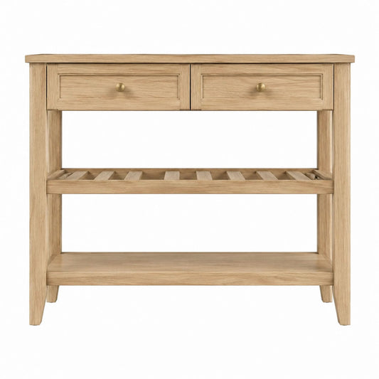 Oak Wood Console Table with Drawers and Shelves