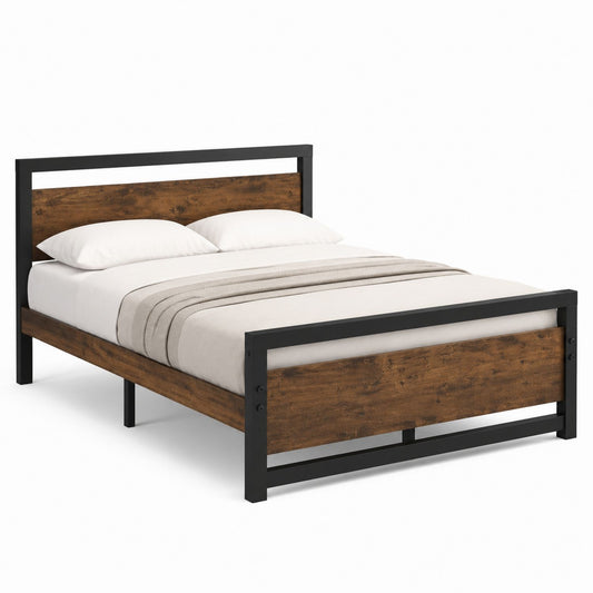 Queen Size Metal and Wood Bed Frame with Black and Brown Finish