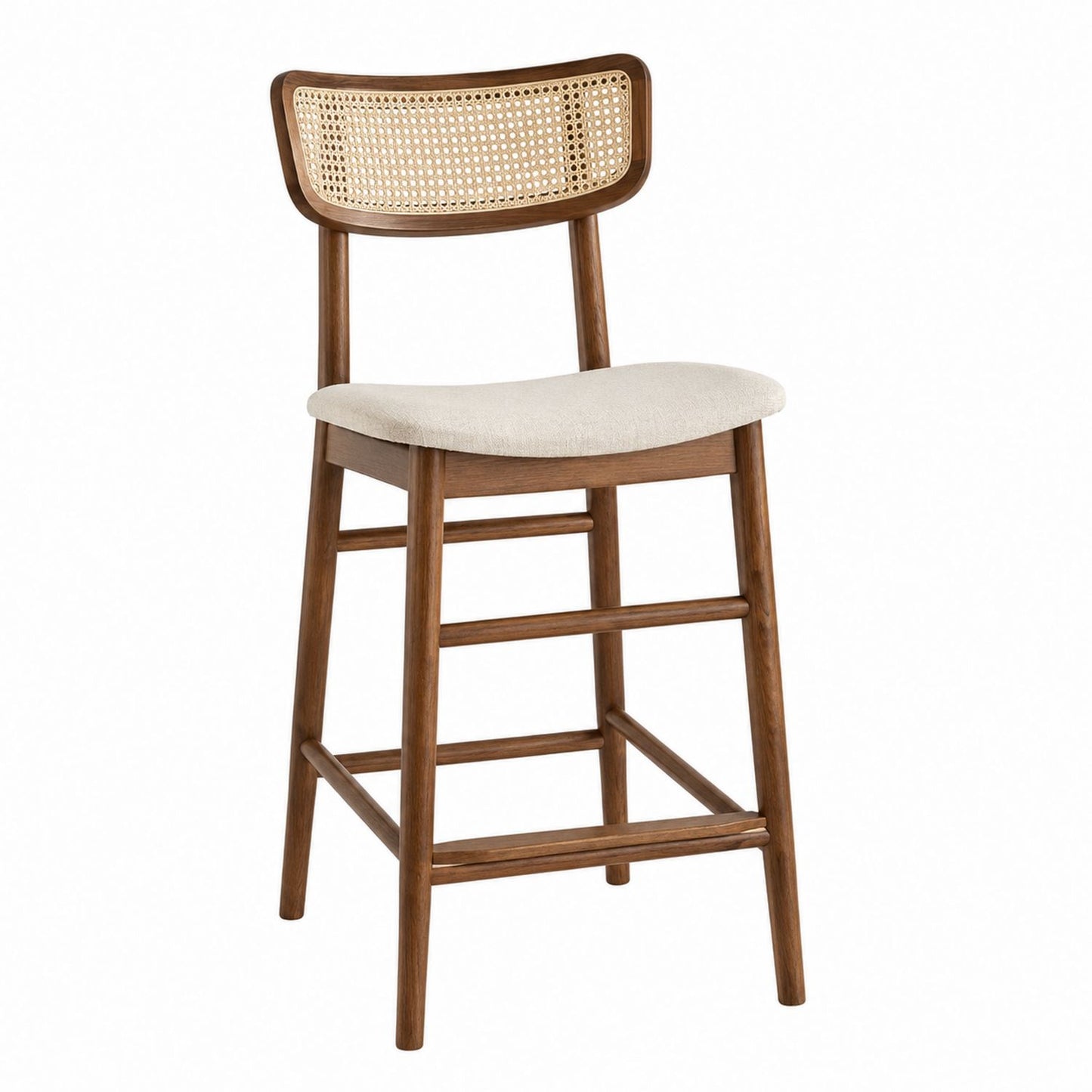 Wood Bar Stool with Rattan Backrest and Fabric Seat