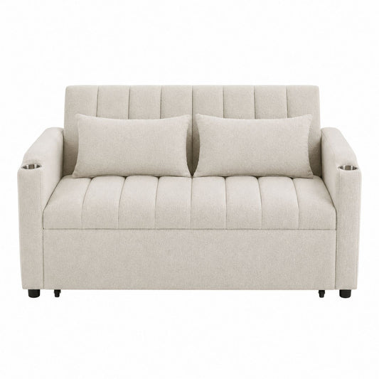 Beige Fabric 2-Seater Sofa Bed with Cup Holders 178cm