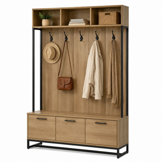 Oak Coat Rack with Storage Bench and Black Metal Frame