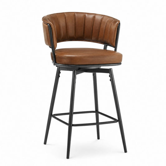 Brown Upholstered Swivel Bar Stool with Metal Frame