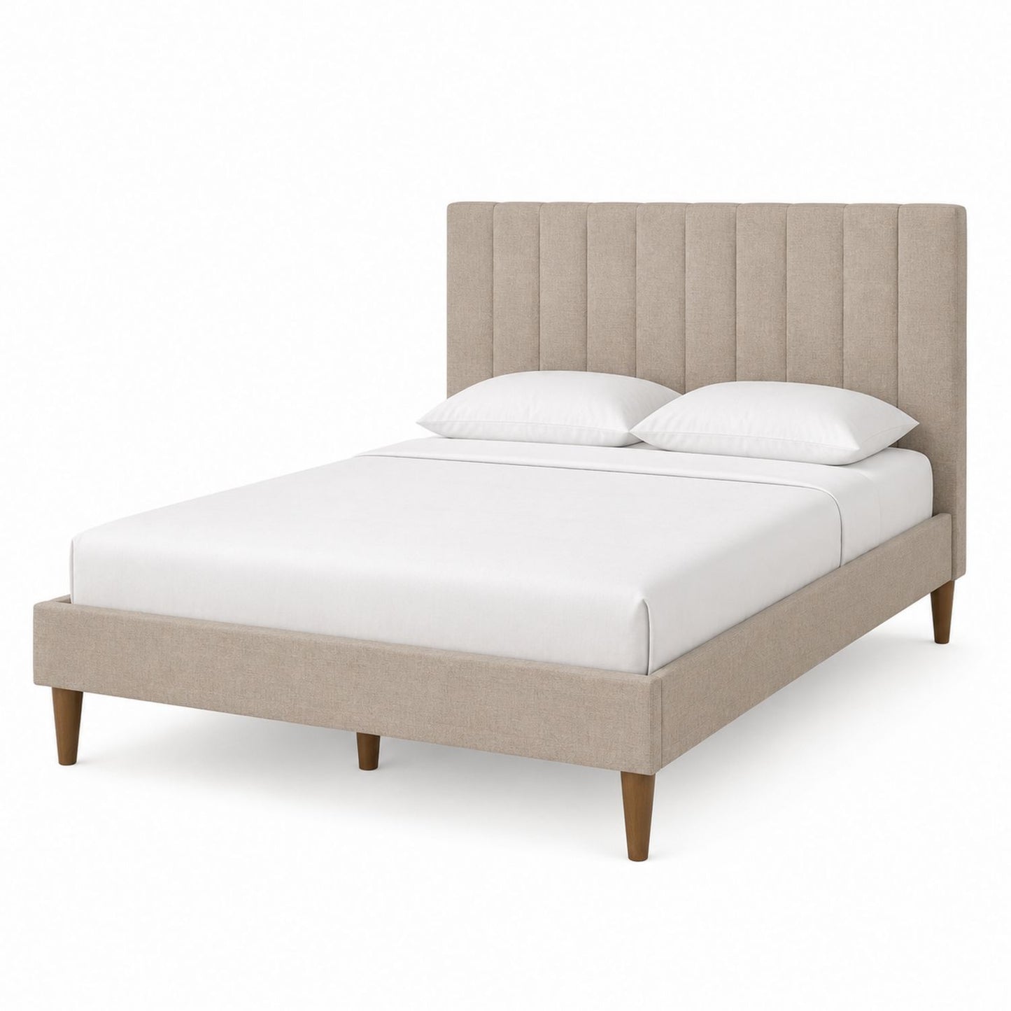 Beige Upholstered King Bed with Wood Legs