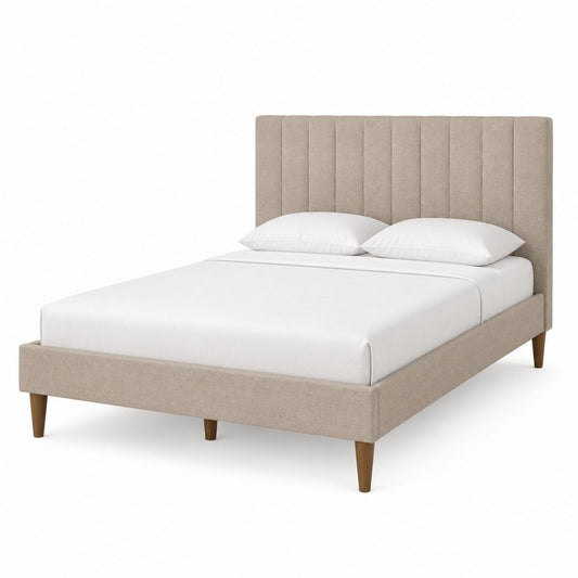 Beige Upholstered King Bed with Wood Legs