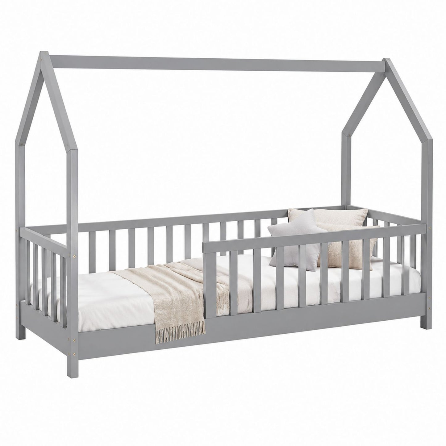 Gray Pine Wood House Bed Frame with Guardrails