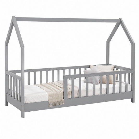Gray Pine Wood House Bed Frame with Guardrails