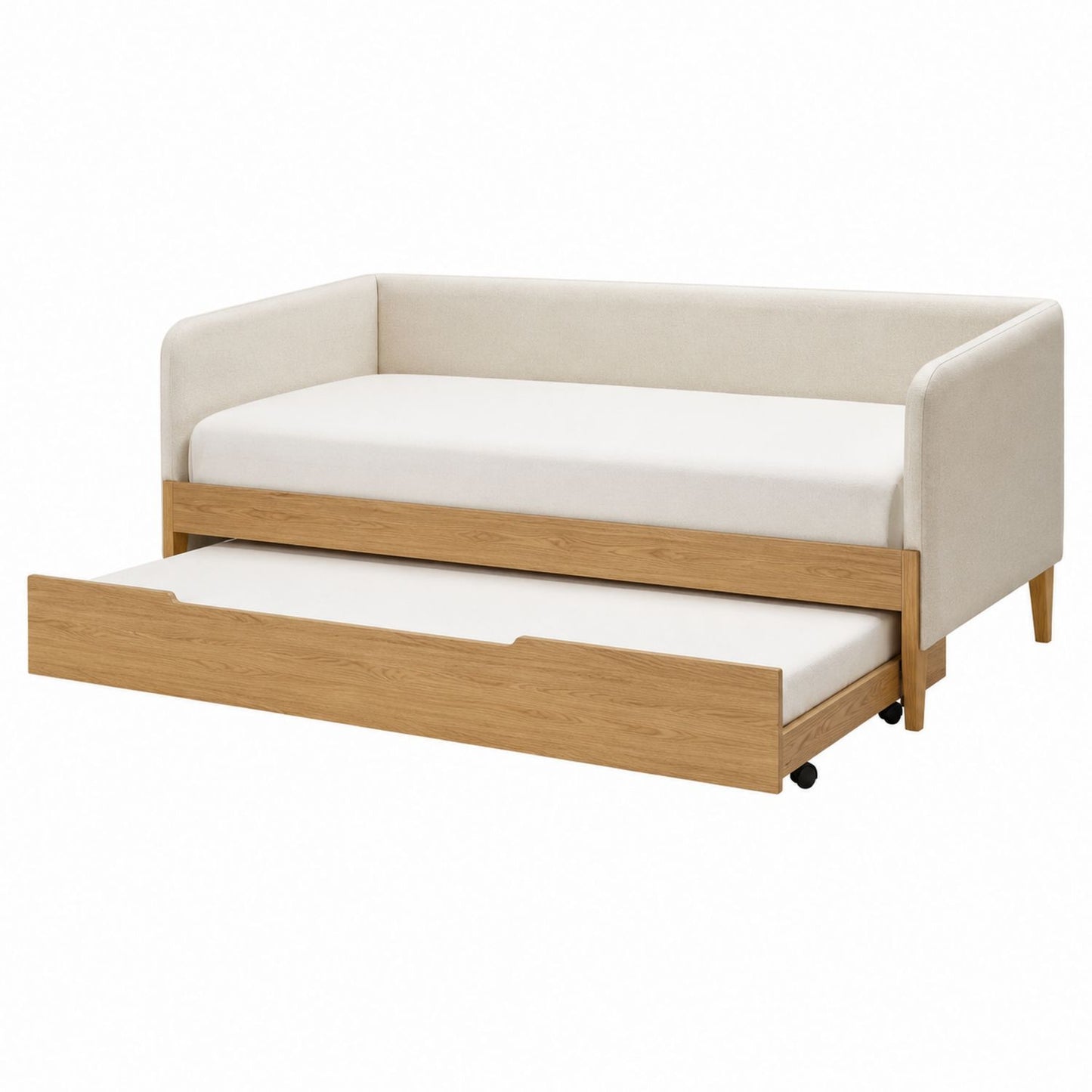 Fabric Upholstered Daybed with Trundle Solid Wood Twin Bed Beige