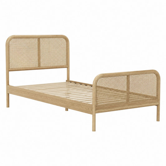 Wood Bed Frame with Rattan Headboard and Footboard 200cm x 100cm