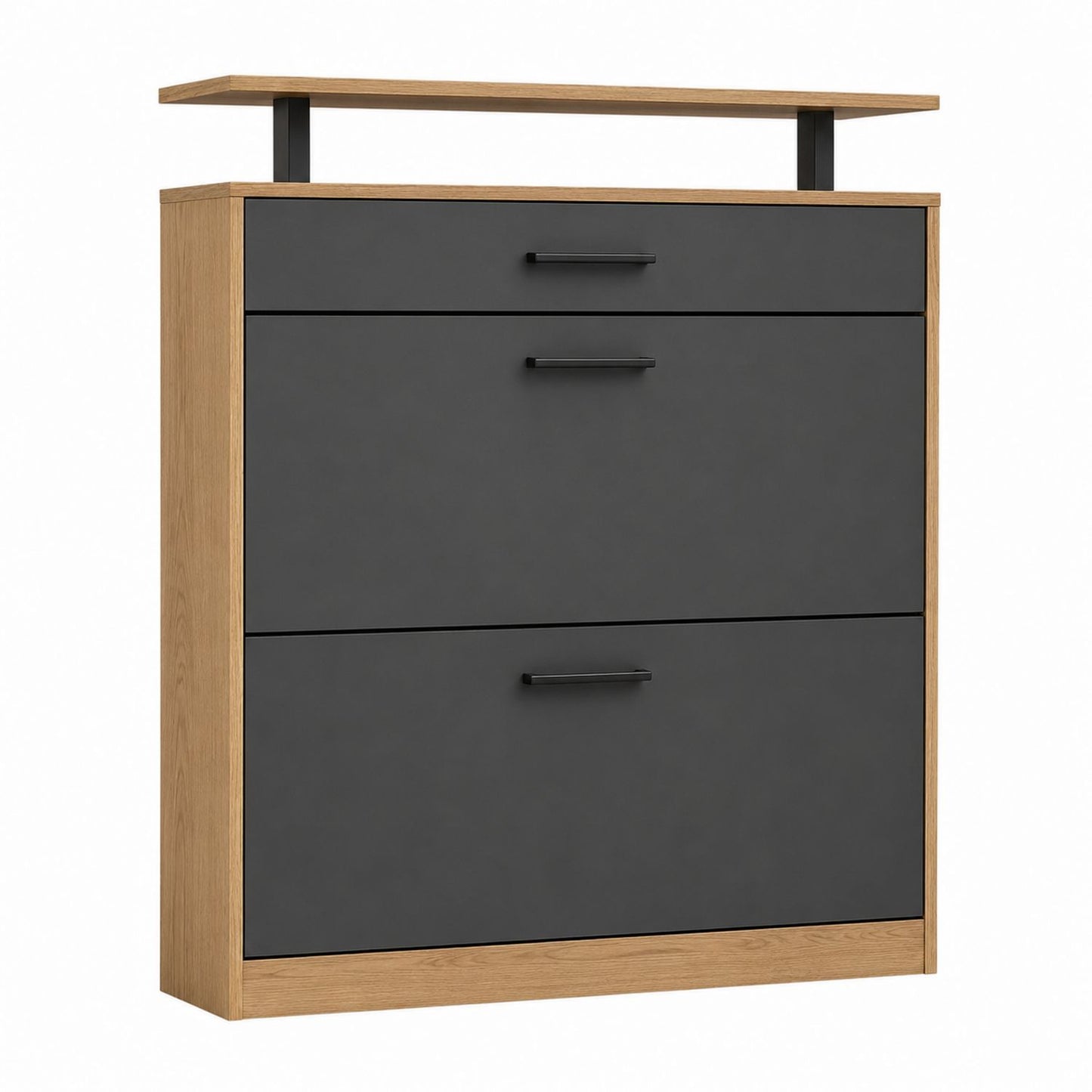 Wall-Mounted Shoe Cabinet with Oak Veneer and Black MDF Panels, 2-Drawer 1-Shelf Unit