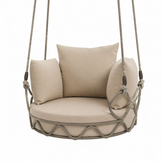 Round Hanging Swing Chair Polyester Beige