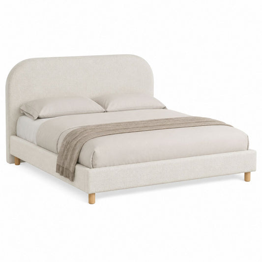 Queen Upholstered Bed Polyester Fabric Beige