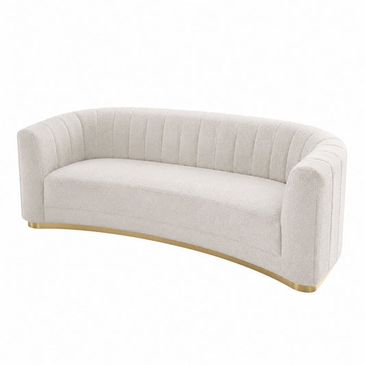 Curved Bouclé Fabric Sofa with Gold Metal Base in Light Beige