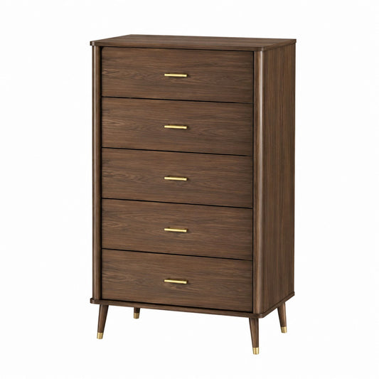 5-Drawer Tall Dresser Walnut Veneer Wood 50x30x15 in
