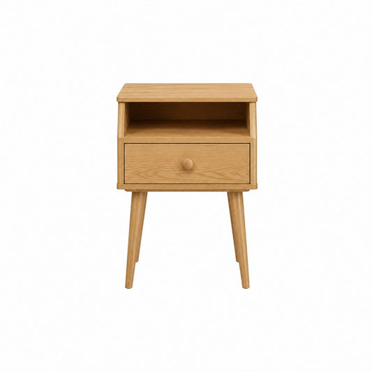 Oak Wood Nightstand with Drawer and Shelf 45cm x 35cm x 60cm