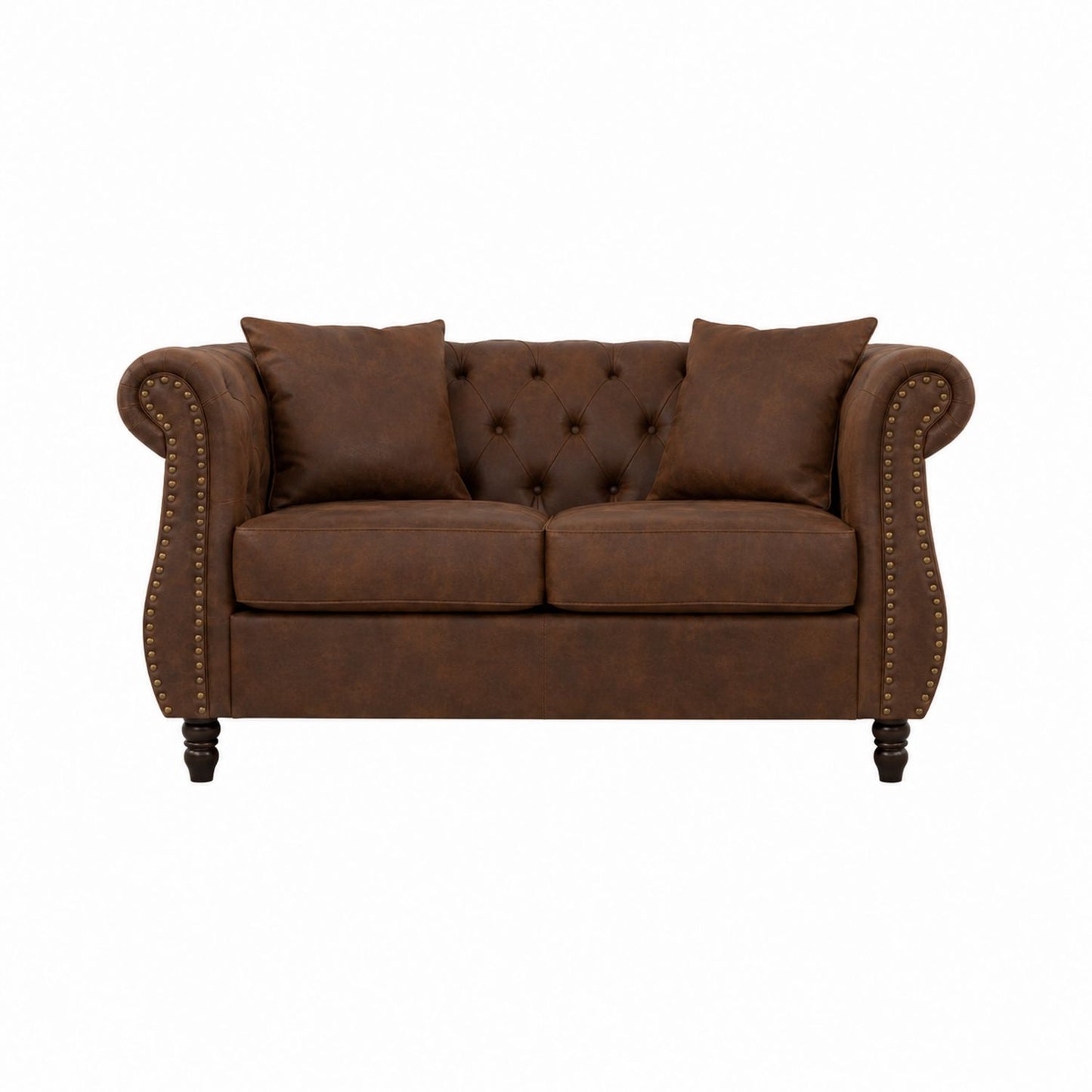 Brown Faux Leather Chesterfield Sofa with Button Tufting and Nailhead Trim