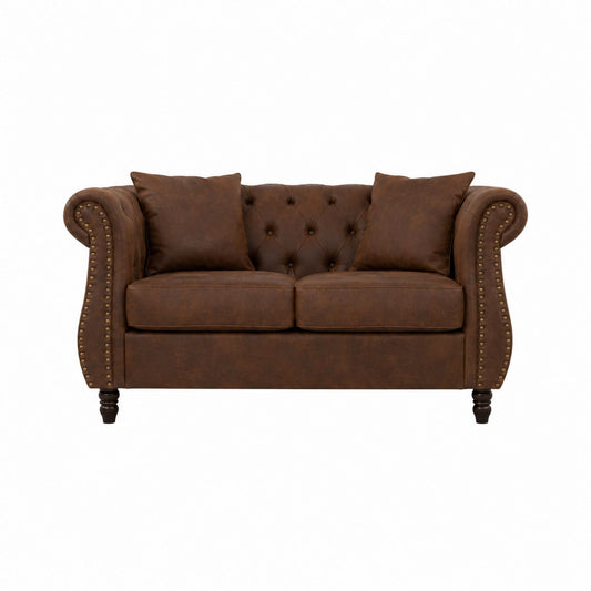 Brown Faux Leather Chesterfield Sofa with Button Tufting and Nailhead Trim