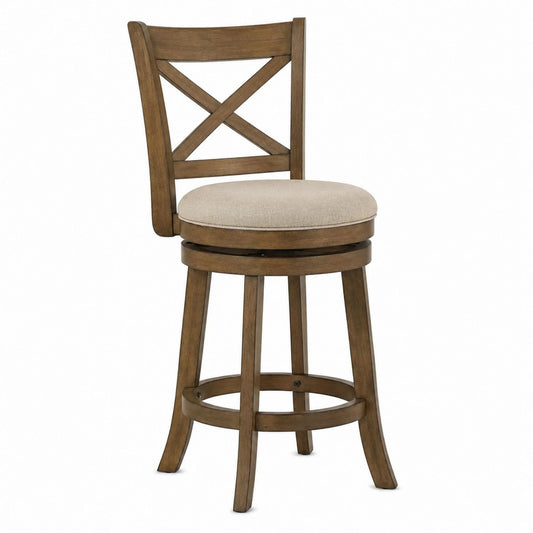Wooden Swivel Bar Stool with Polyester Fabric Seat Beige