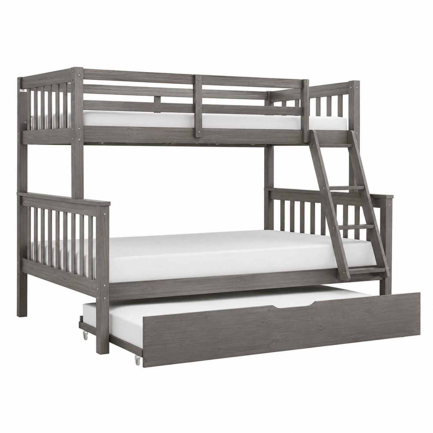 Wooden Bunk Bed with Trundle and Ladder Gray