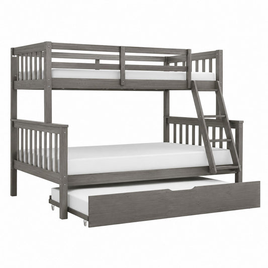 Wooden Bunk Bed with Trundle and Ladder Gray