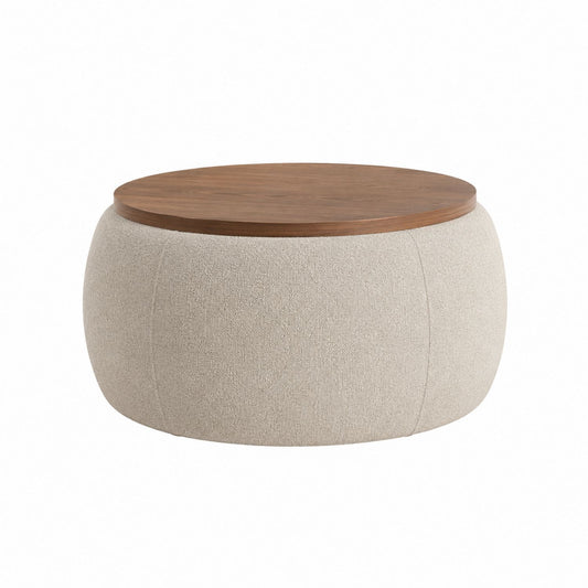 Round Fabric Ottoman Coffee Table with Wood Top Beige 90cm