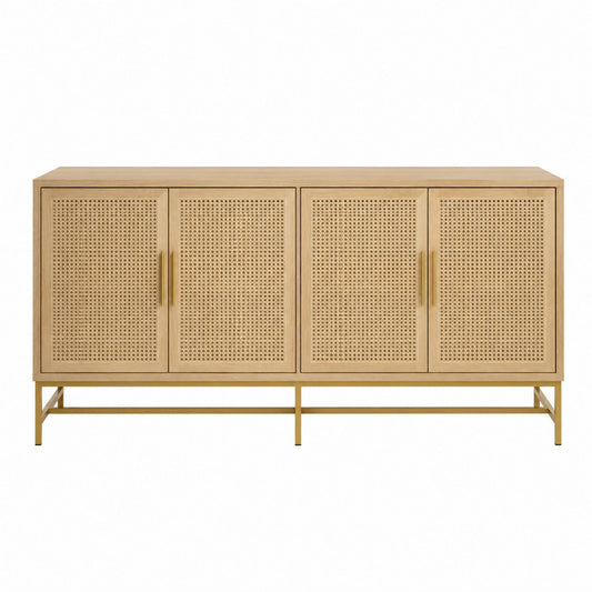 Wood Sideboard with Caned Doors and Metal Legs 180cm Natural Wood
