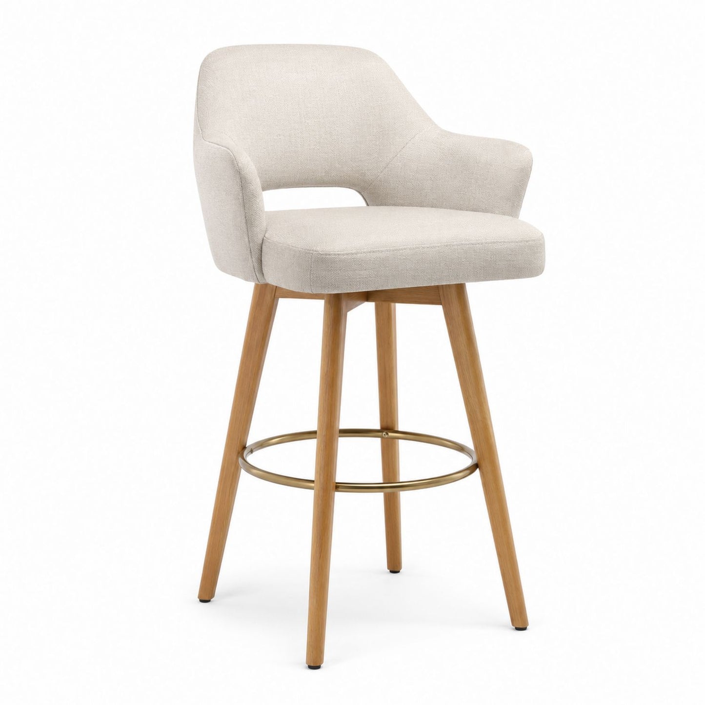 Fabric Bar Stool with Armrest and Oak Legs Beige