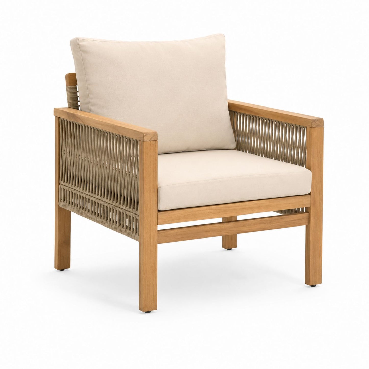 Teak Outdoor Chair with Rope Weave and Beige Cushions