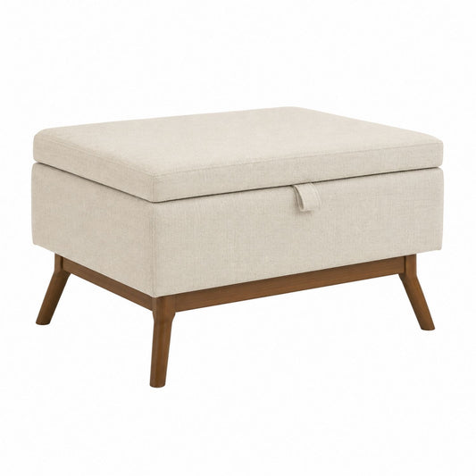 Linen Upholstered Storage Ottoman Bench with Wooden Legs Beige 90cm x 50cm x 45cm