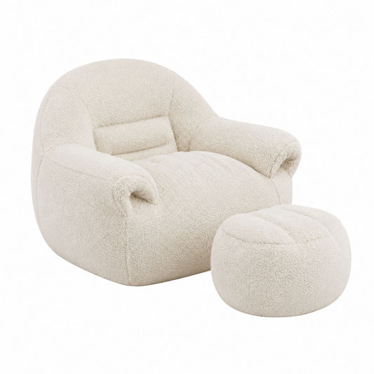 Bouclé Fabric Armchair and Ottoman Set Beige 80cm x 100cm x 85cm