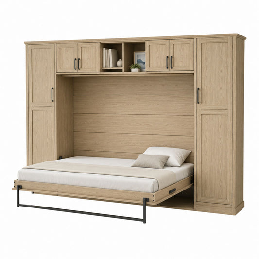 Oak Wood Murphy Bed with Storage Cabinets and Shelves