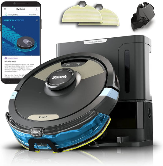 Shark 2-in-1 Robot Vacuum and Mop, HEPA Filtration, Vacuuming and Mopping, Self-Emptying Base, Black/Gold, Matrix Clean, Home Mapping